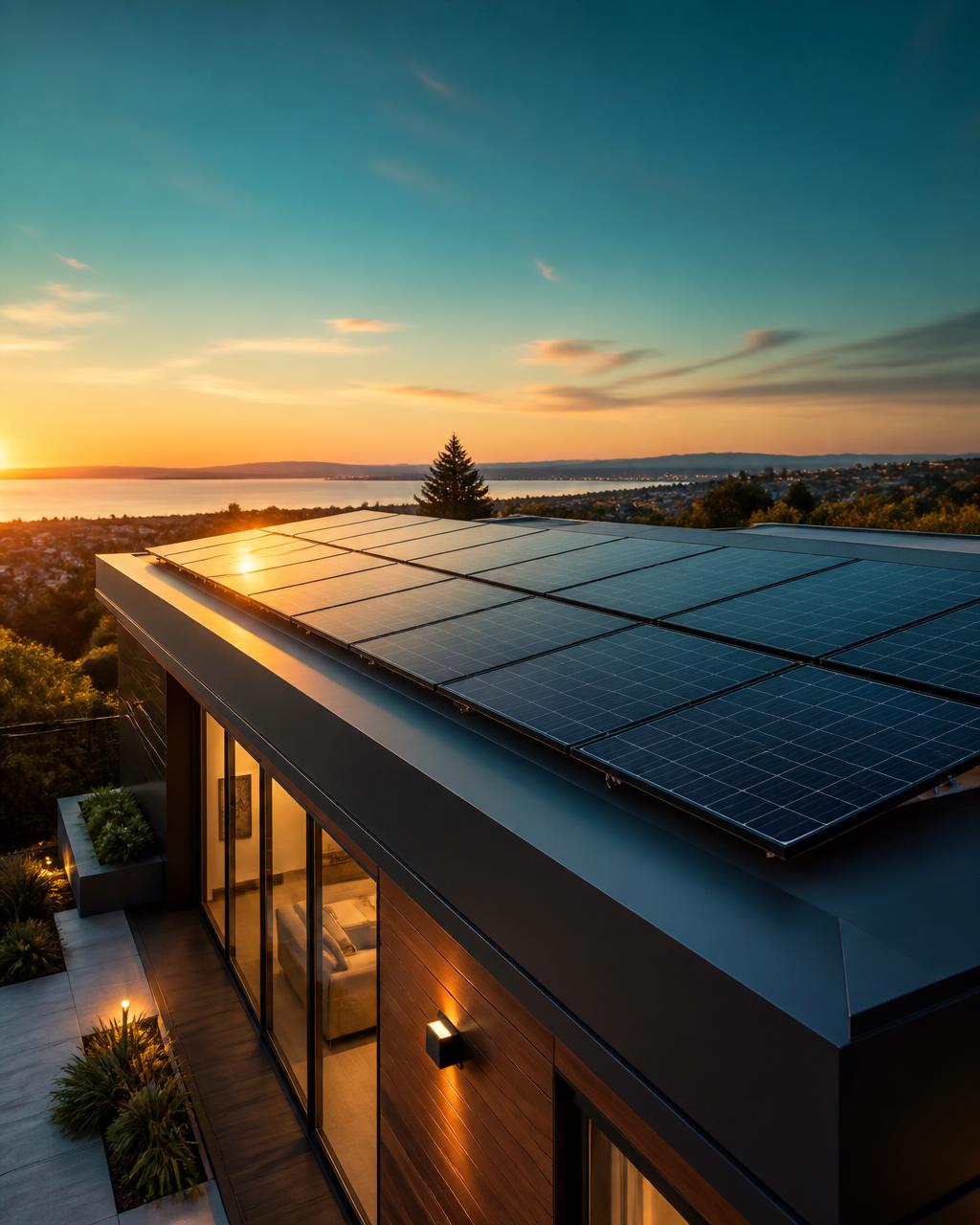 Modern rooftop solar array at sunset with teal dusk sky